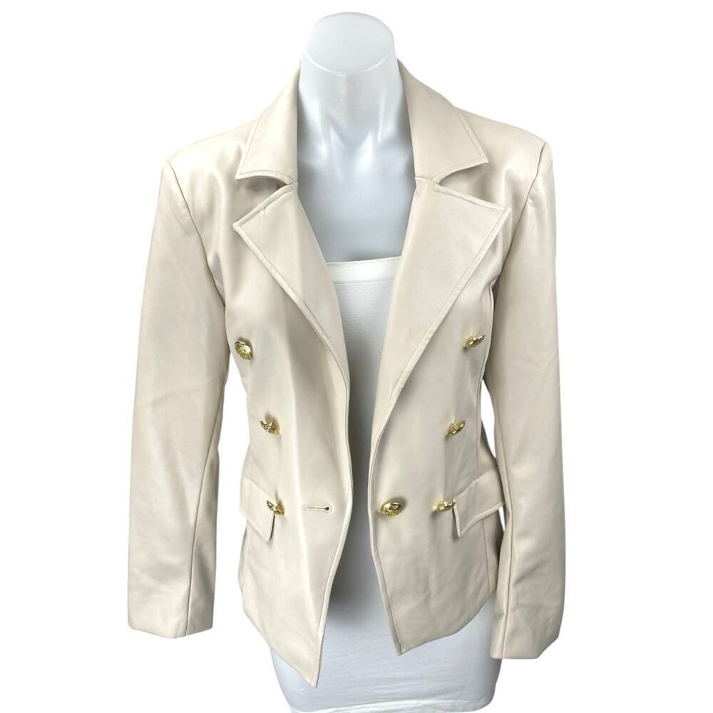 NEW Anthropologie Nico Cream White Faux Leather Double Breasted Blazer Jacket S